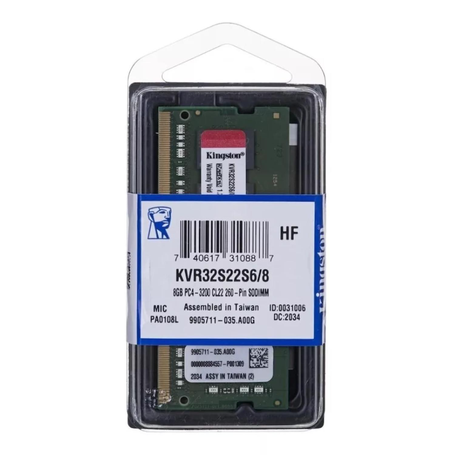 KINGSTON MEMORIA RAM NOTEBOOK 8GB DDR4 3200MHz KVR32S22S6/8